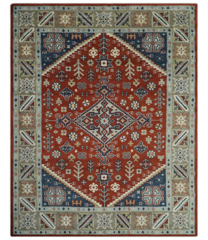 Premium Style Rust, Blue and Beige Hand Knotted Traditional Heriz wool Area Rug.