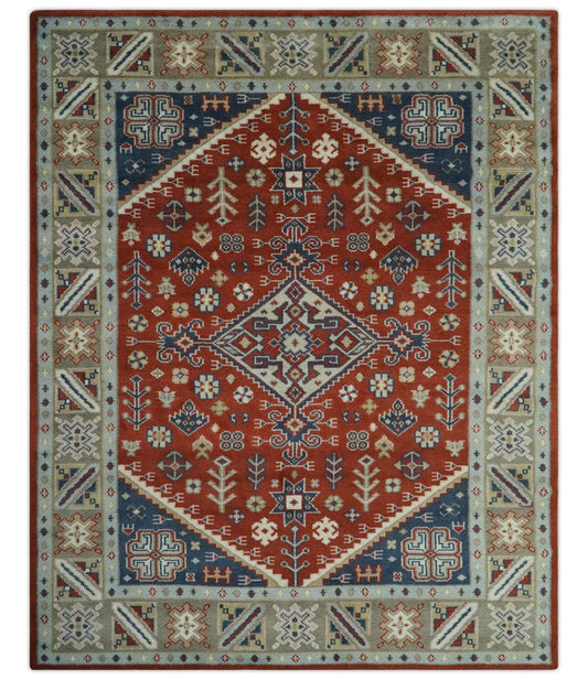 Premium Style Rust, Blue and Beige Hand Knotted Traditional Heriz wool Area Rug.