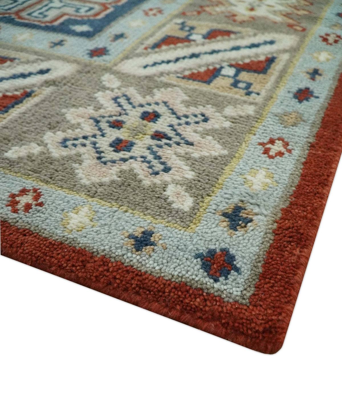 Premium Style Rust, Blue and Beige Hand Knotted Traditional Heriz wool Area Rug.