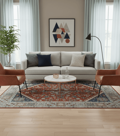 Premium Style Rust, Blue and Beige Hand Knotted Traditional Heriz wool Area Rug.