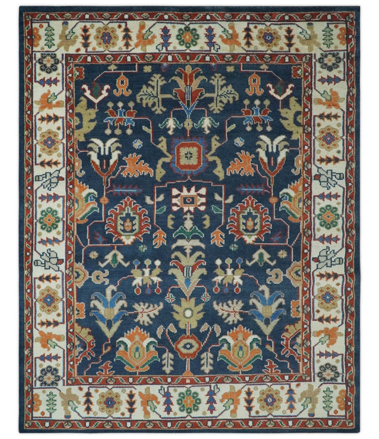 Premium Style Vibrant Colorful Blue, Ivory, Rust and Orange Traditional Hand Knotted Oriental Oushak Multi Size wool Area Rug.
