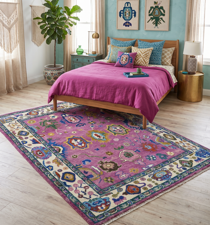 Purple And Ivory Hand knotted Modern Oushak Wool Area Rug.