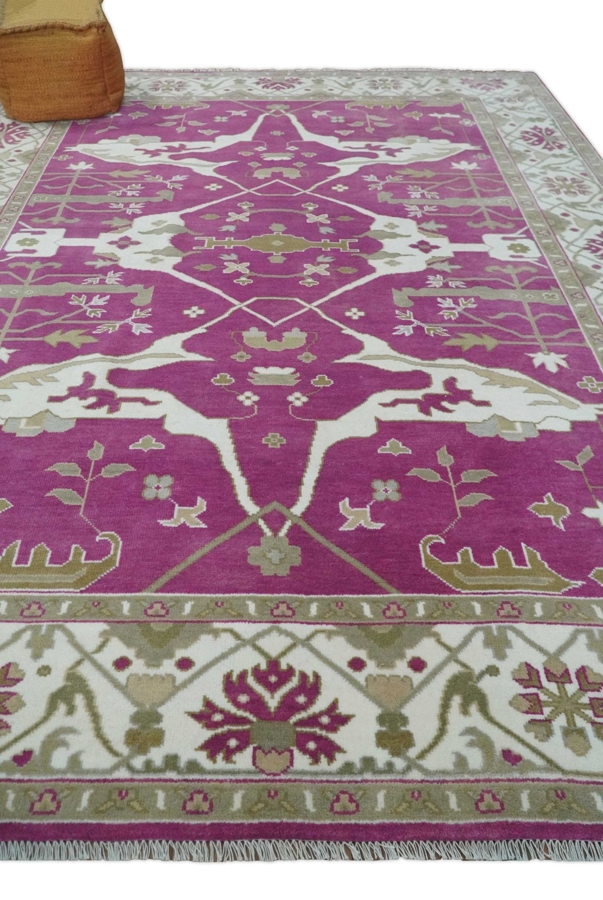 Purple, Ivory and Olive Traditional Hand knotted Oriental Oushak Multi Size wool Area Rug.