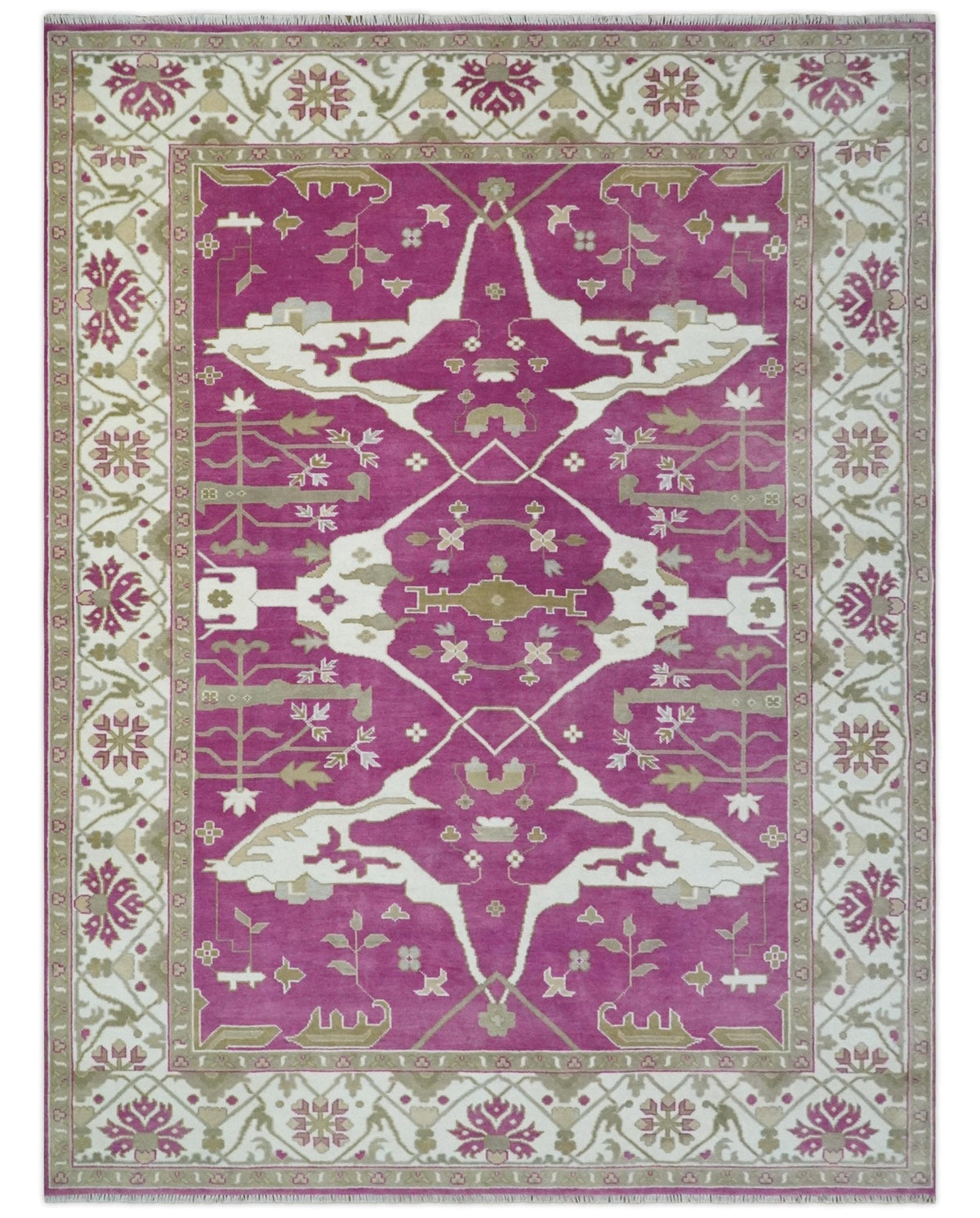 Purple, Ivory and Olive Traditional Hand knotted Oriental Oushak Multi Size wool Area Rug.