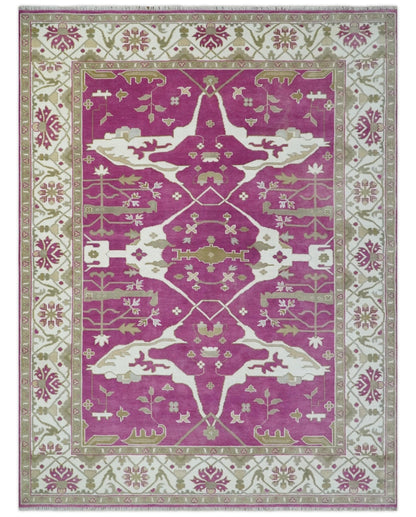 Purple, Ivory and Olive Traditional Hand knotted Oriental Oushak Multi Size wool Area Rug.