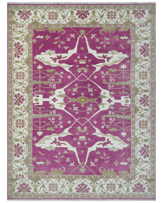 Purple, Ivory and Olive Traditional Hand knotted Oriental Oushak Multi Size wool Area Rug.