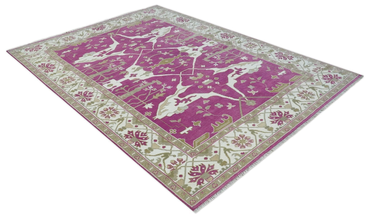 Purple, Ivory and Olive Traditional Hand knotted Oriental Oushak Multi Size wool Area Rug.