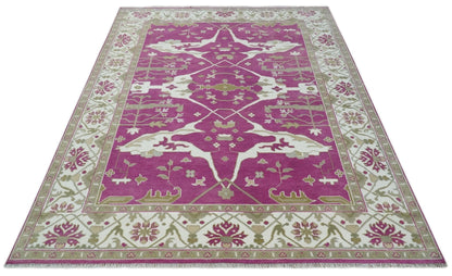 Purple, Ivory and Olive Traditional Hand knotted Oriental Oushak Multi Size wool Area Rug.