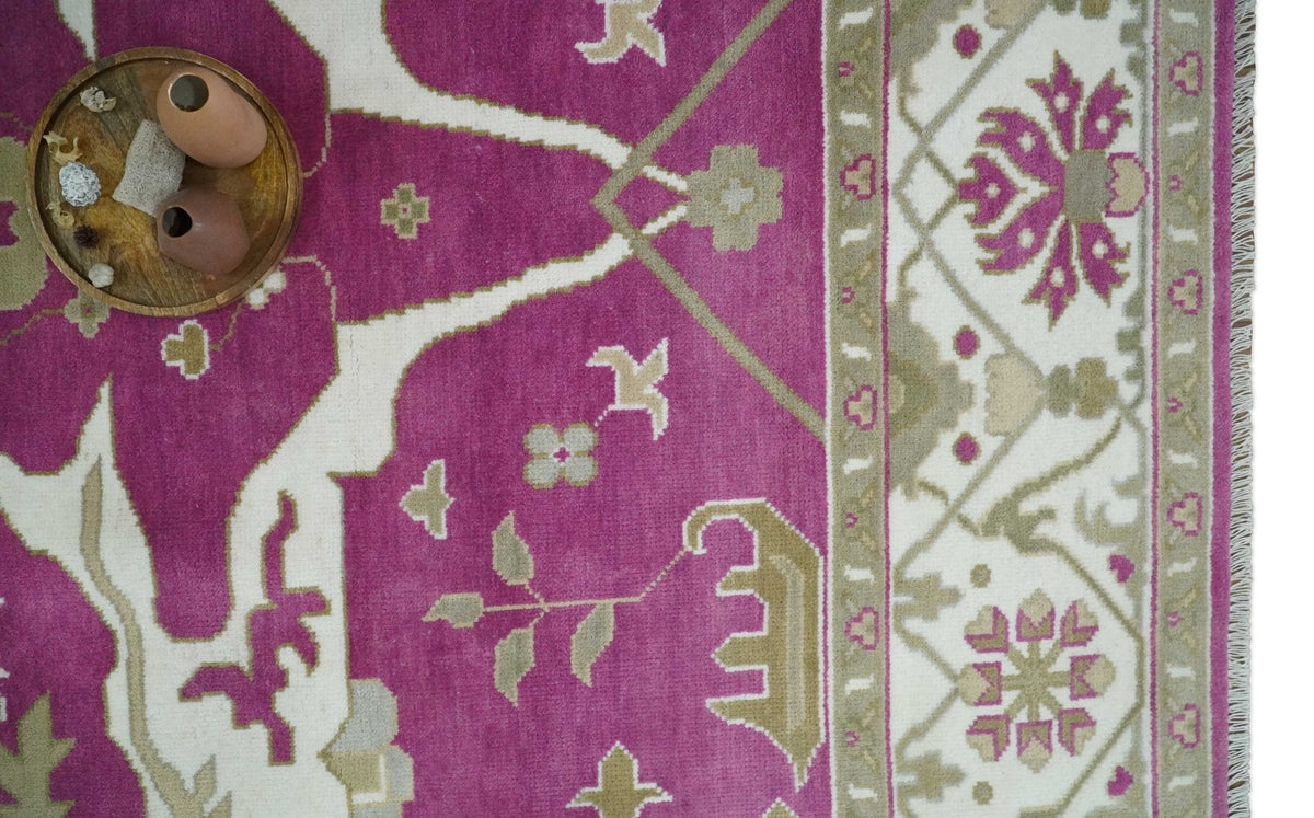 Purple, Ivory and Olive Traditional Hand knotted Oriental Oushak Multi Size wool Area Rug.