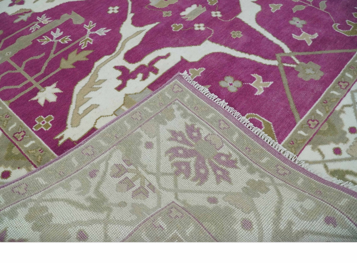 Purple, Ivory and Olive Traditional Hand knotted Oriental Oushak Multi Size wool Area Rug.