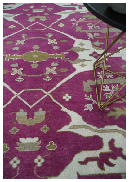 Purple, Ivory and Olive Traditional Hand knotted Oriental Oushak Multi Size wool Area Rug.