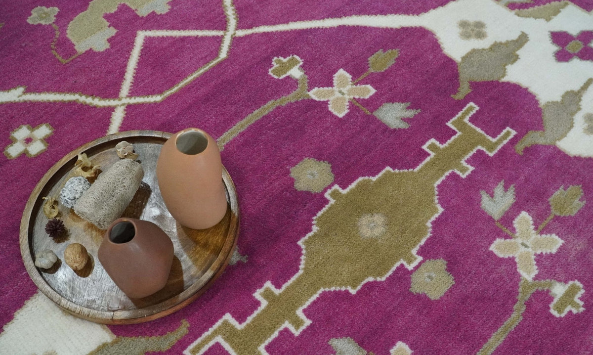 Purple, Ivory and Olive Traditional Hand knotted Oriental Oushak Multi Size wool Area Rug.