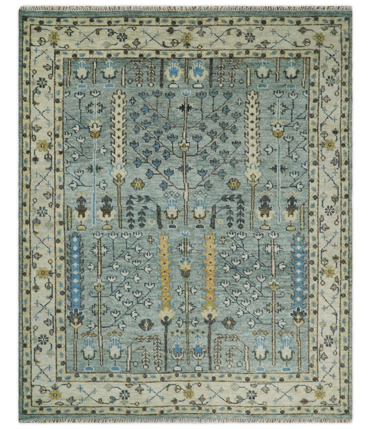 Ready to Ship Aqua and Ivory Tree of Design Hand Knotted Wool Area Rug.