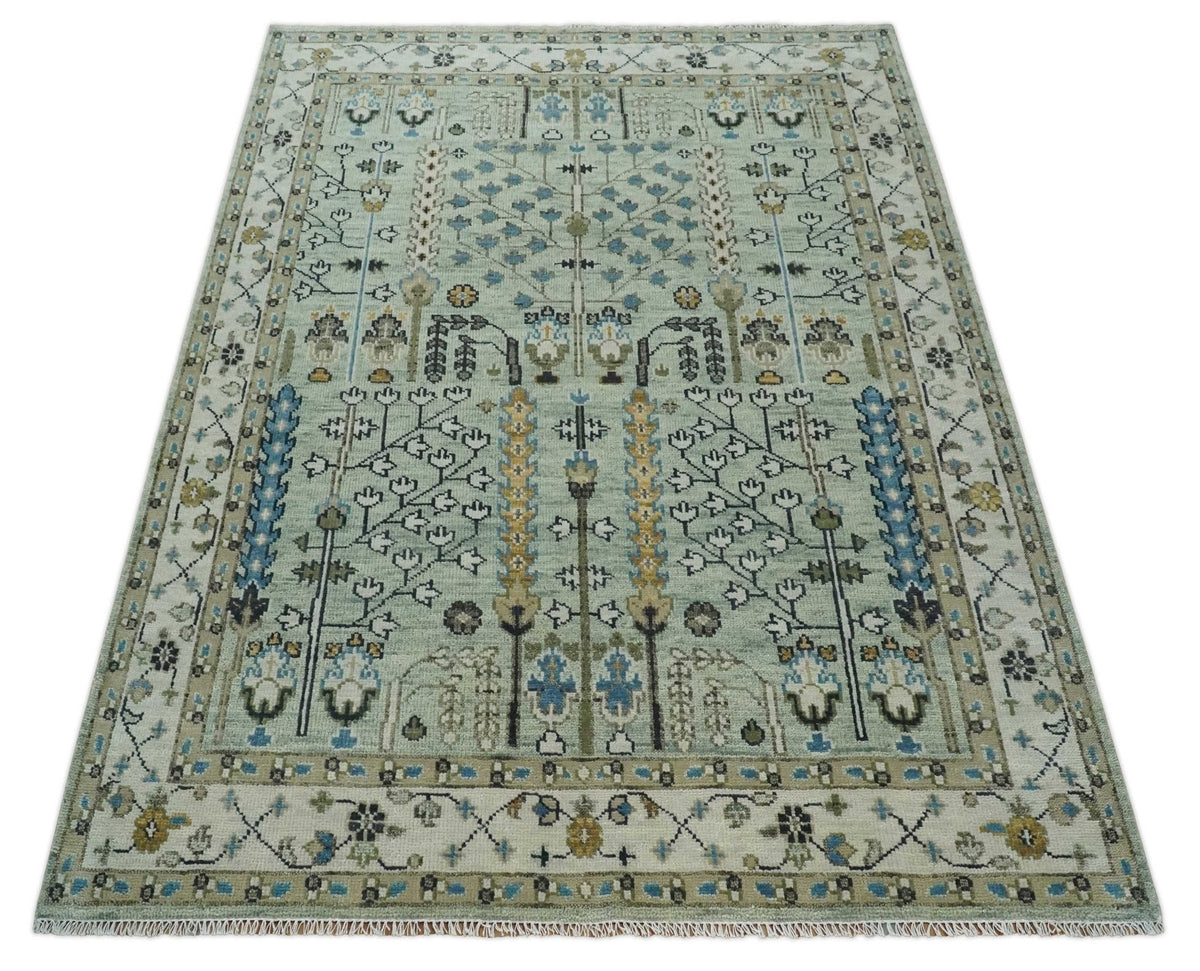 Ready to Ship Antique Moss Green and Ivory Hand Knotted Traditional Wool Area Rug.