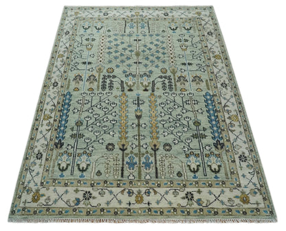 Ready to Ship Antique Moss Green and Ivory Hand Knotted Traditional Wool Area Rug.