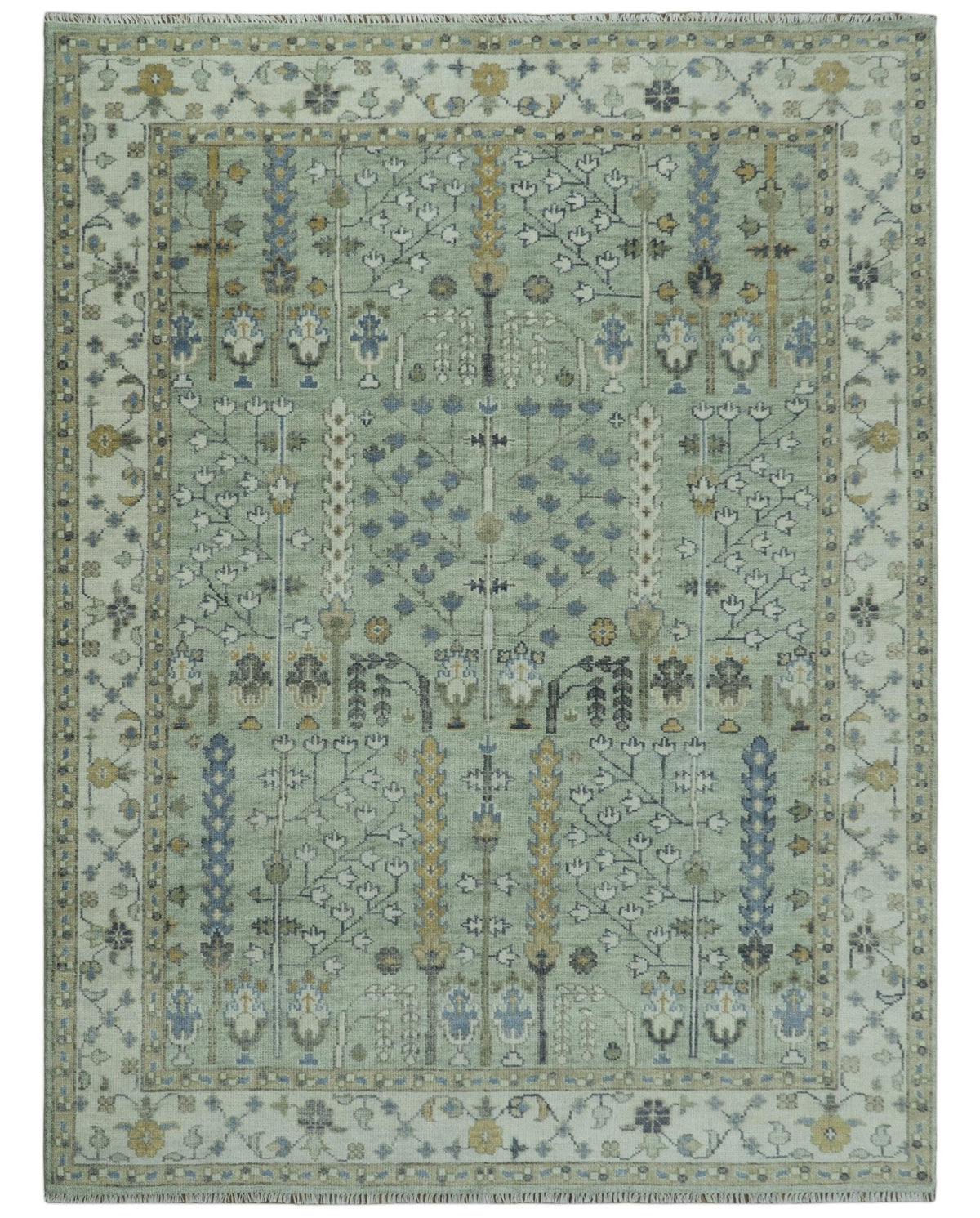 Ready to Ship Antique Moss Green and Ivory Hand Knotted Traditional Wool Area Rug.