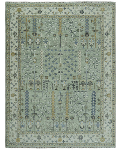 Ready to Ship Antique Moss Green and Ivory Hand Knotted Traditional Wool Area Rug.