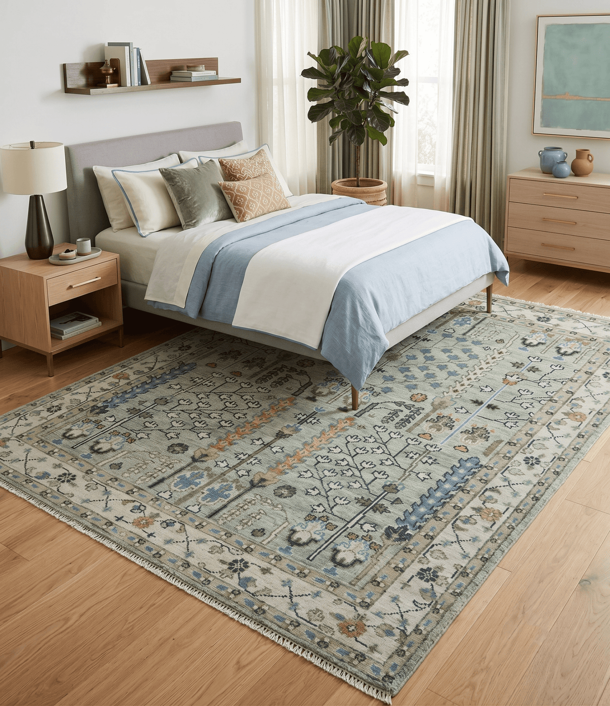 Ready to Ship Antique Moss Green and Ivory Hand Knotted Traditional Wool Area Rug.