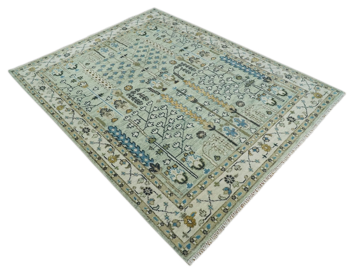 Ready to Ship Antique Moss Green and Ivory Hand Knotted Traditional Wool Area Rug.