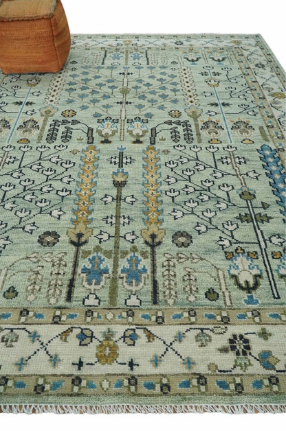 Ready to Ship Antique Moss Green and Ivory Hand Knotted Traditional Wool Area Rug.