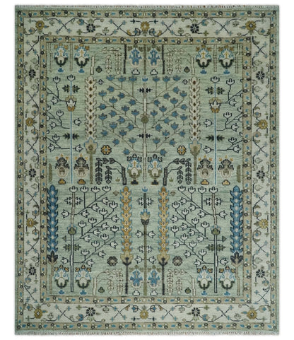 Ready to Ship Antique Moss Green and Ivory Hand Knotted Traditional Wool Area Rug.