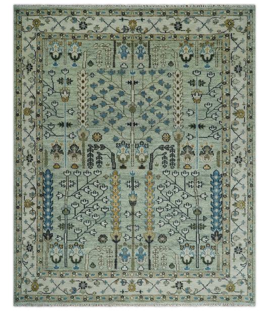 Ready to Ship Antique Moss Green and Ivory Hand Knotted Traditional Wool Area Rug.