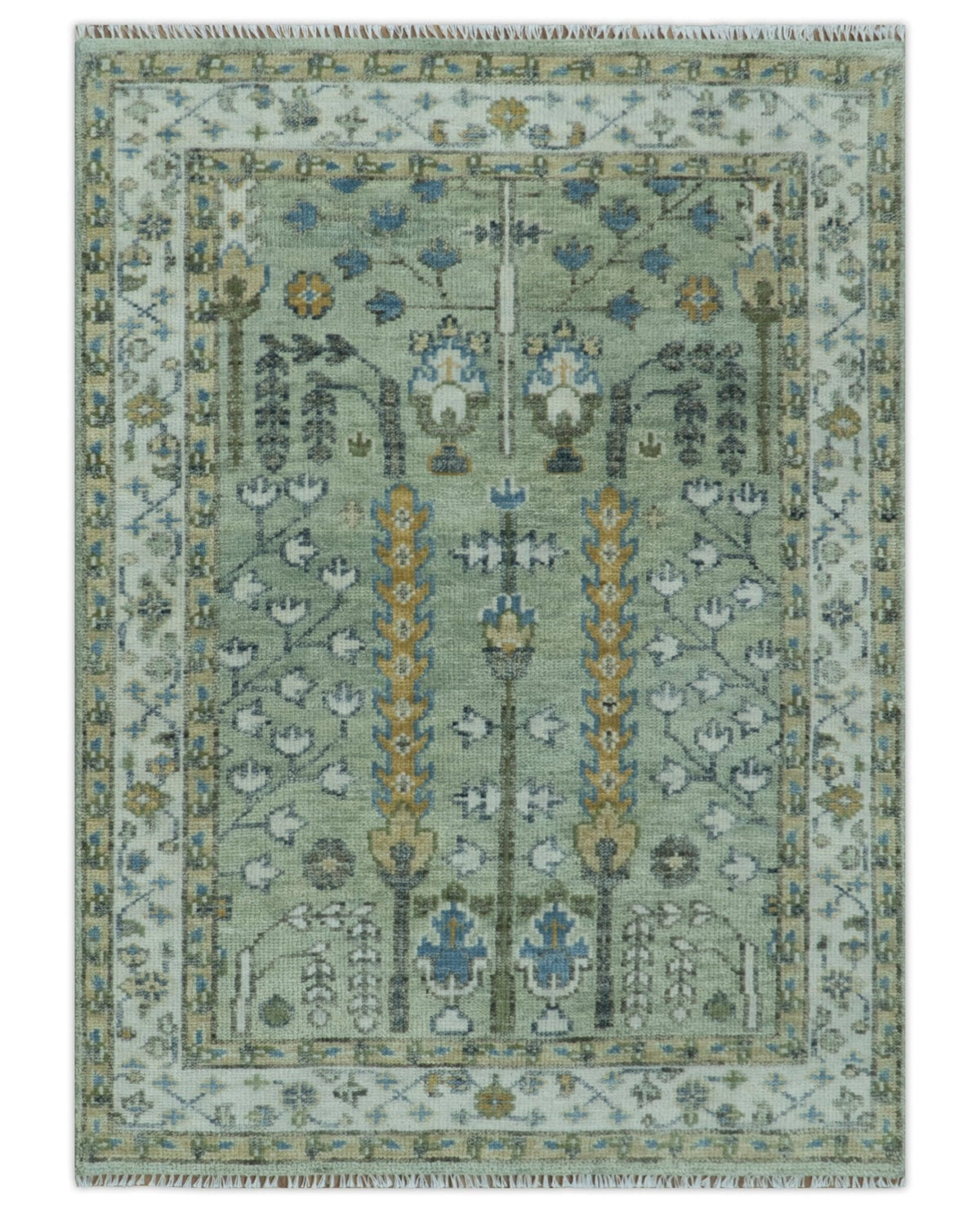 Ready to Ship Antique Moss Green and Ivory Hand Knotted Traditional Wool Area Rug.
