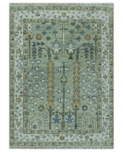 Ready to Ship Antique Moss Green and Ivory Hand Knotted Traditional Wool Area Rug.