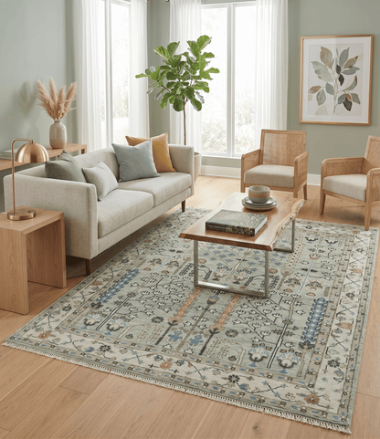 Ready to Ship Antique Moss Green and Ivory Hand Knotted Traditional Wool Area Rug.