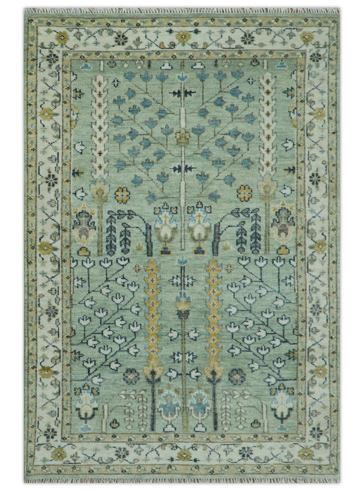 Ready to Ship Antique Moss Green and Ivory Hand Knotted Traditional Wool Area Rug.