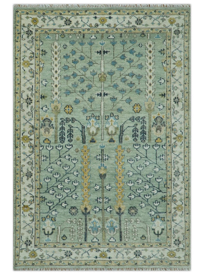 Ready to Ship Antique Moss Green and Ivory Hand Knotted Traditional Wool Area Rug.