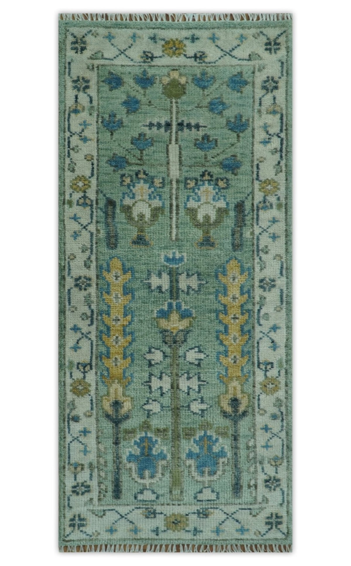 Ready to Ship Antique Moss Green and Ivory Hand Knotted Traditional Wool Area Rug.