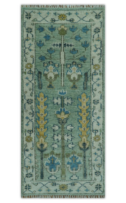 Ready to Ship Antique Moss Green and Ivory Hand Knotted Traditional Wool Area Rug.