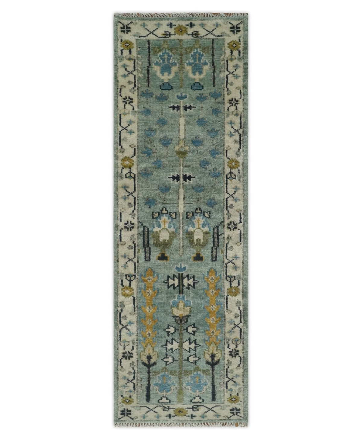 Ready to Ship Antique Moss Green and Ivory Hand Knotted Traditional Wool Area Rug.