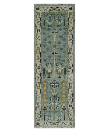 Ready to Ship Antique Moss Green and Ivory Hand Knotted Traditional Wool Area Rug.