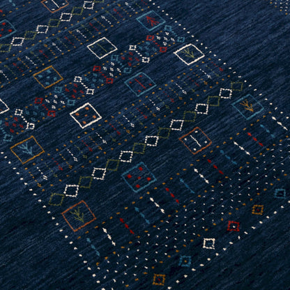 Blue Center Pattern Hand Loomed Wool Area Rug.