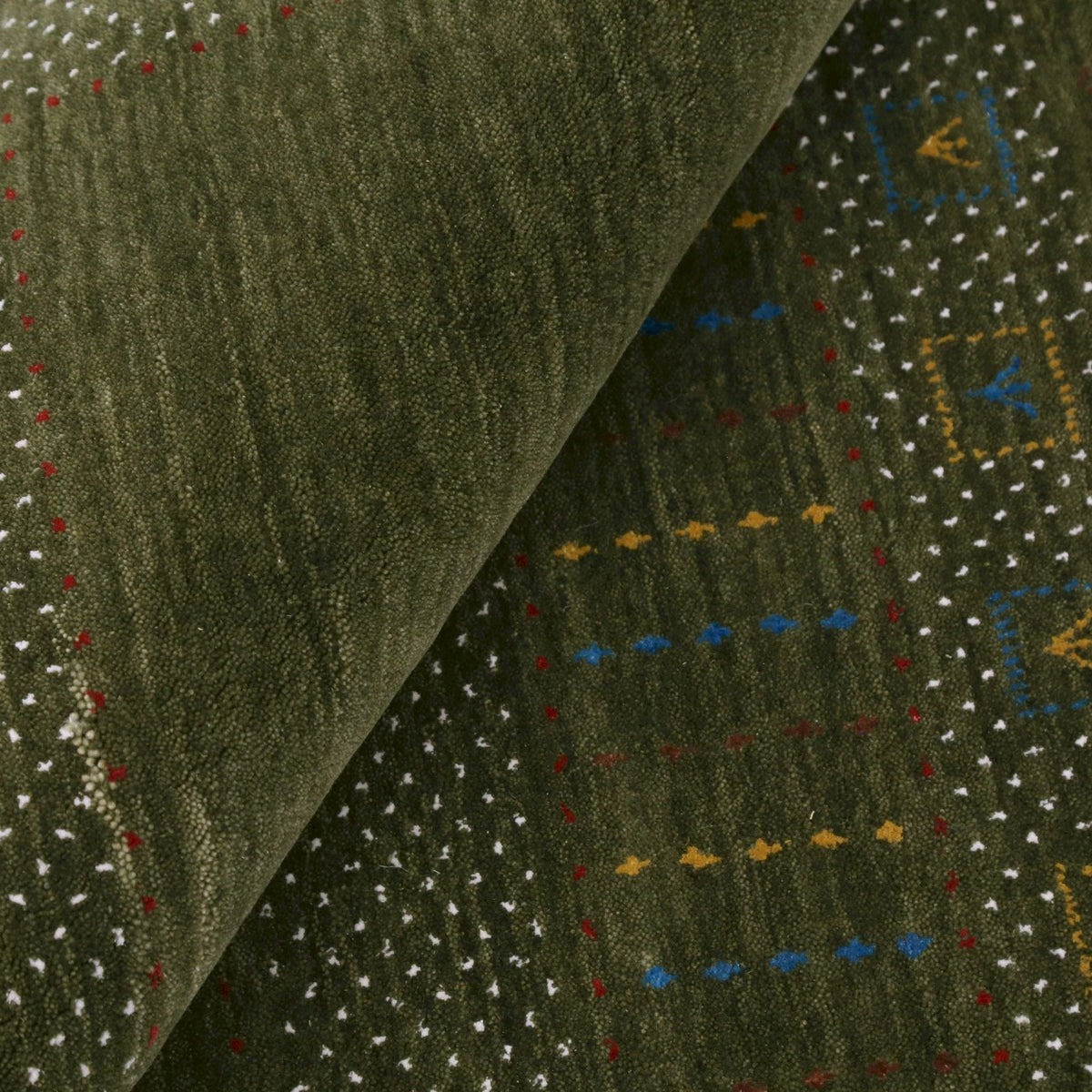 Gabbeh Design Hand Loomed Green Wool Area Rug.