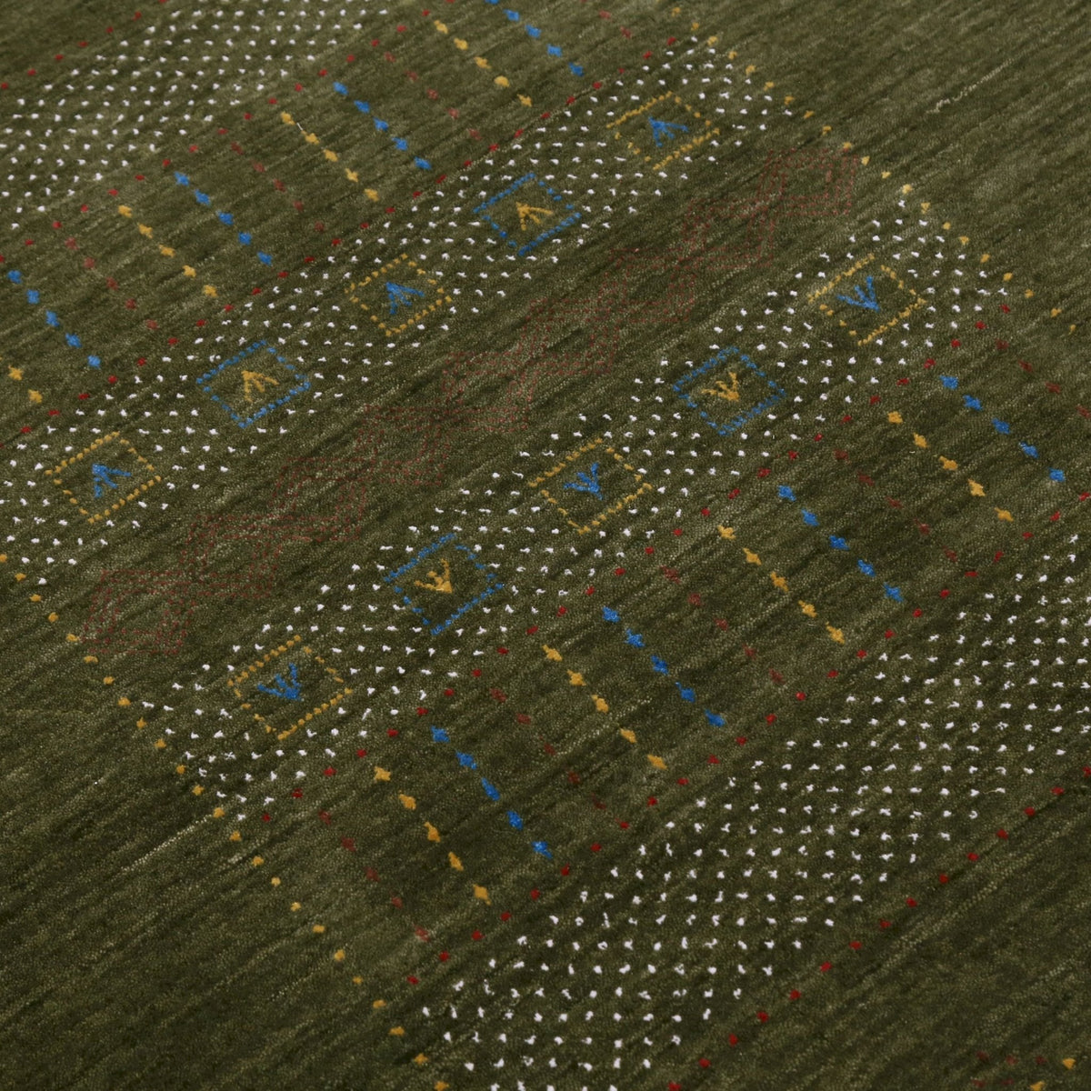 Gabbeh Design Hand Loomed Green Wool Area Rug.