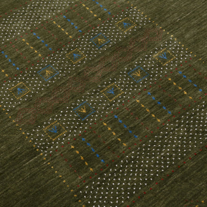Gabbeh Design Hand Loomed Green Wool Area Rug.