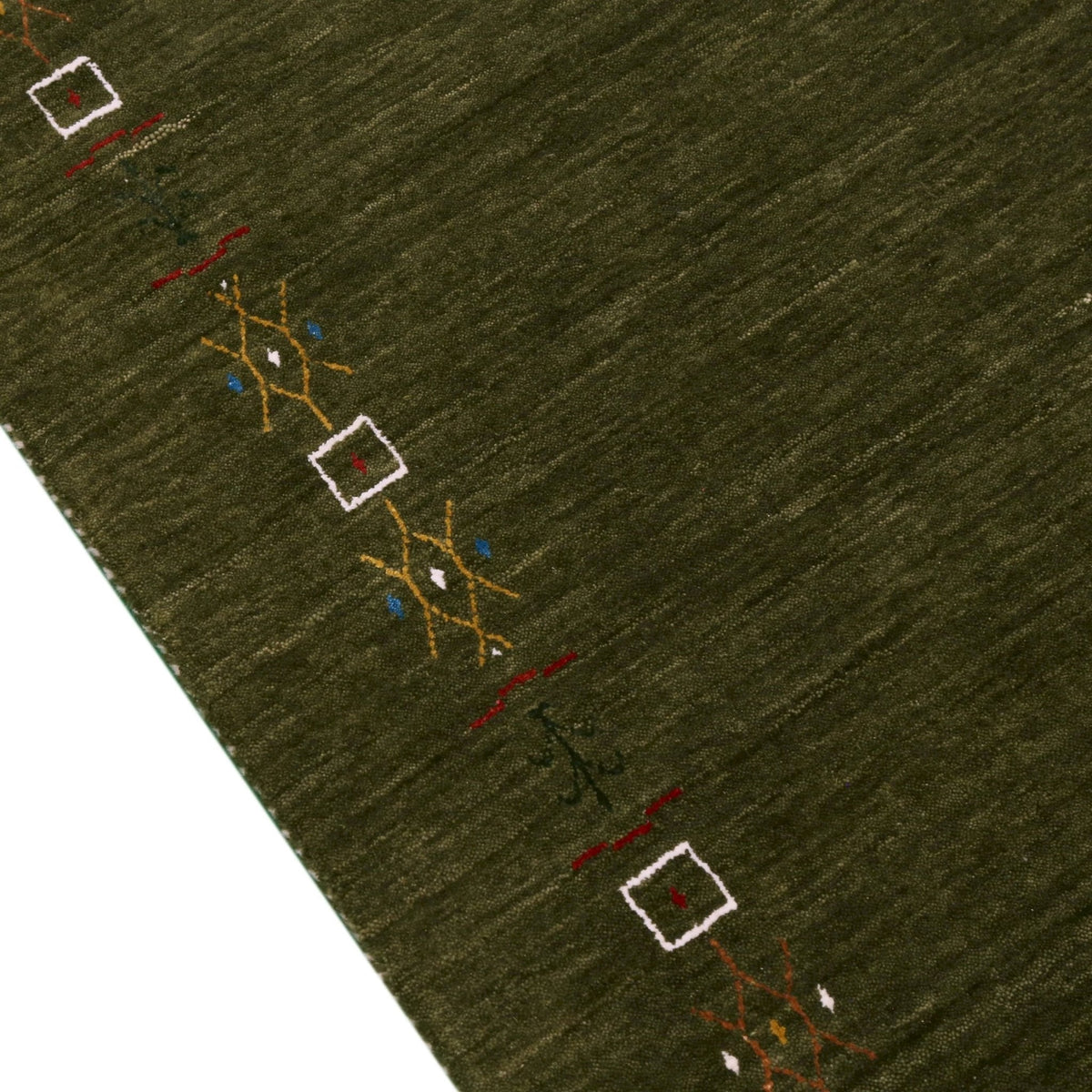 Green Tribal Border Design Hand Loomed Wool Area Rug.