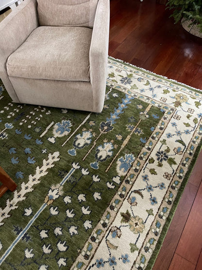 Hand Knotted Royal Green and Ivory Traditional Turkish Style Tree Of Life Multi Size Wool Area Rug.