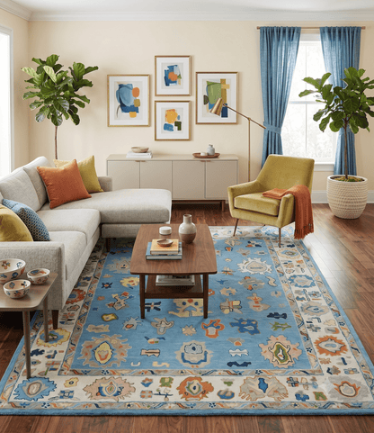 Ready to Ship Hand Tufted Blue and Ivory Modern Colorful Oushak Rug.