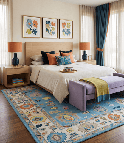 Ready to Ship Hand Tufted Blue and Ivory Modern Colorful Oushak Rug.
