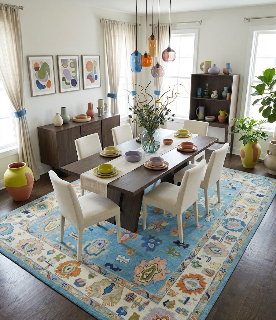 Ready to Ship Hand Tufted Blue and Ivory Modern Colorful Oushak Rug.