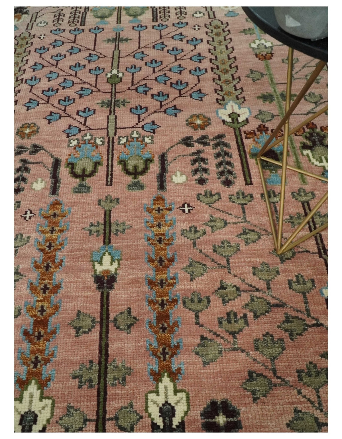 Ready to Ship Pink, Olive and Beige Tree of life Vintage Traditional Wool Rug.