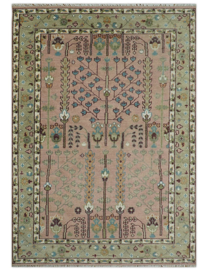 Ready to Ship Pink, Olive and Beige Tree of life Vintage Traditional Wool Rug.