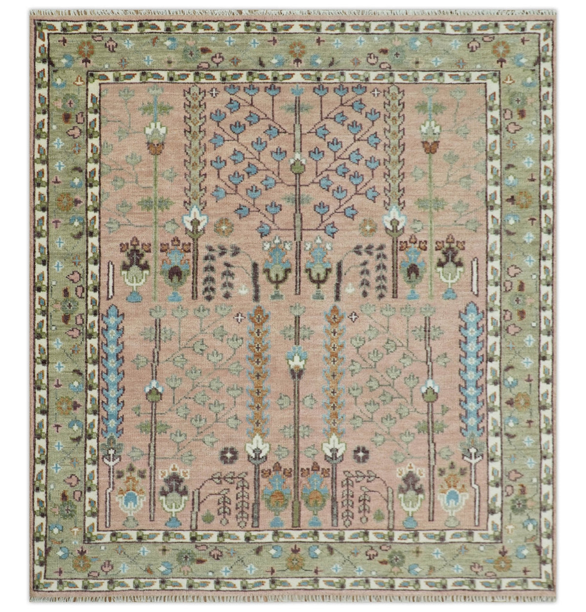 Ready to Ship Pink, Olive and Beige Tree of life Vintage Traditional Wool Rug.