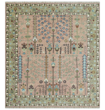 Ready to Ship Pink, Olive and Beige Tree of life Vintage Traditional Wool Rug.