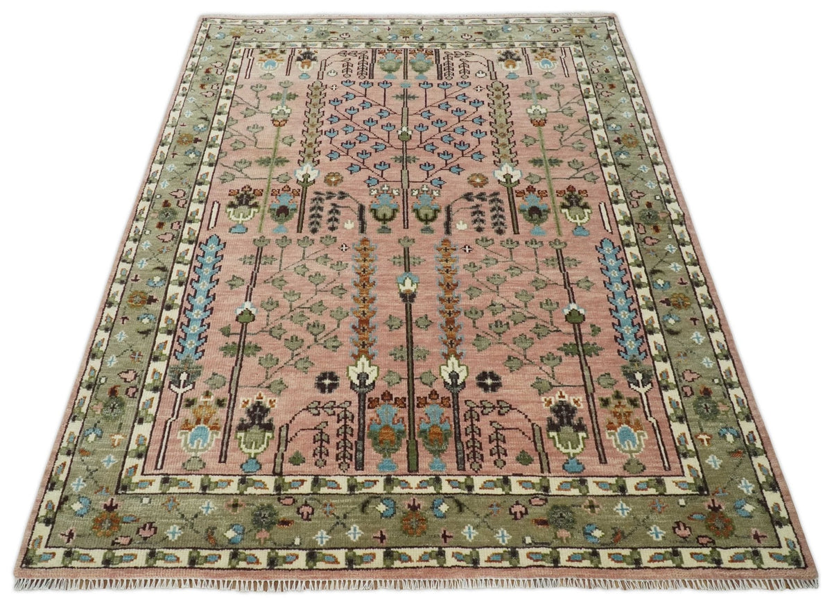 Ready to Ship Pink, Olive and Beige Tree of life Vintage Traditional Wool Rug.