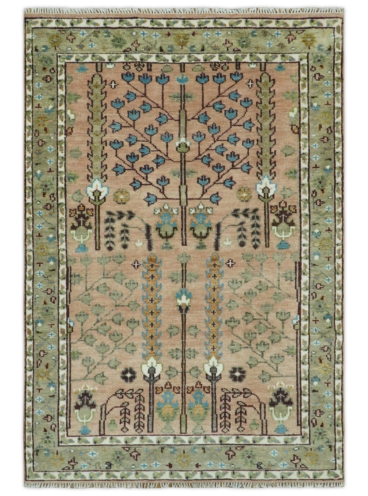 Ready to Ship Pink, Olive and Beige Tree of life Vintage Traditional Wool Rug.